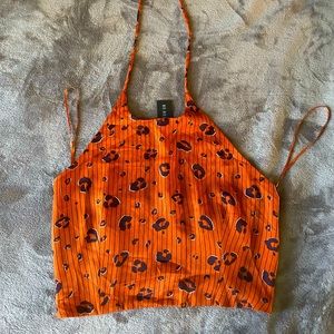 Orange silk animal print crop halter top